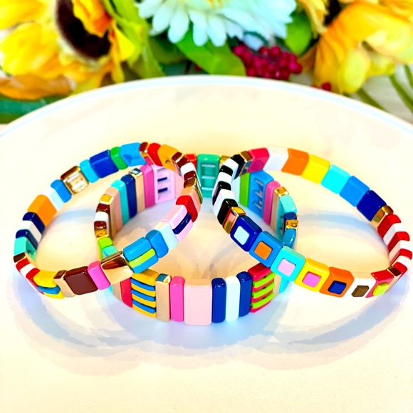 Bracelet Set colorful Stretch RARE Adjustable Geometric Modern New - Picture 4 of 7